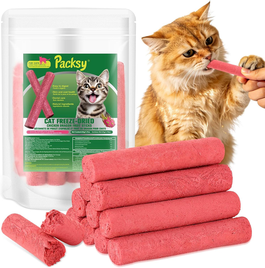 Owner holding freeze dried chicken and dragon fruit cat stick