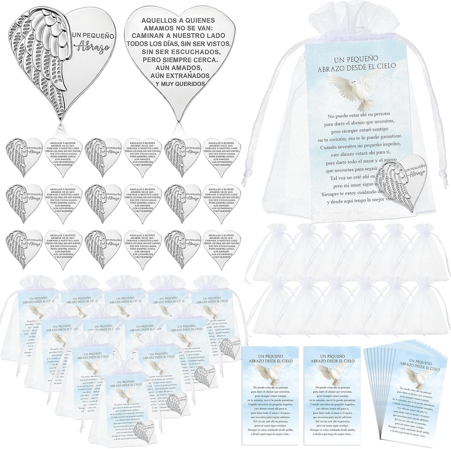Fumete funeral favors 60 sets front view showcasing heart angel coins and Spanish poem cards