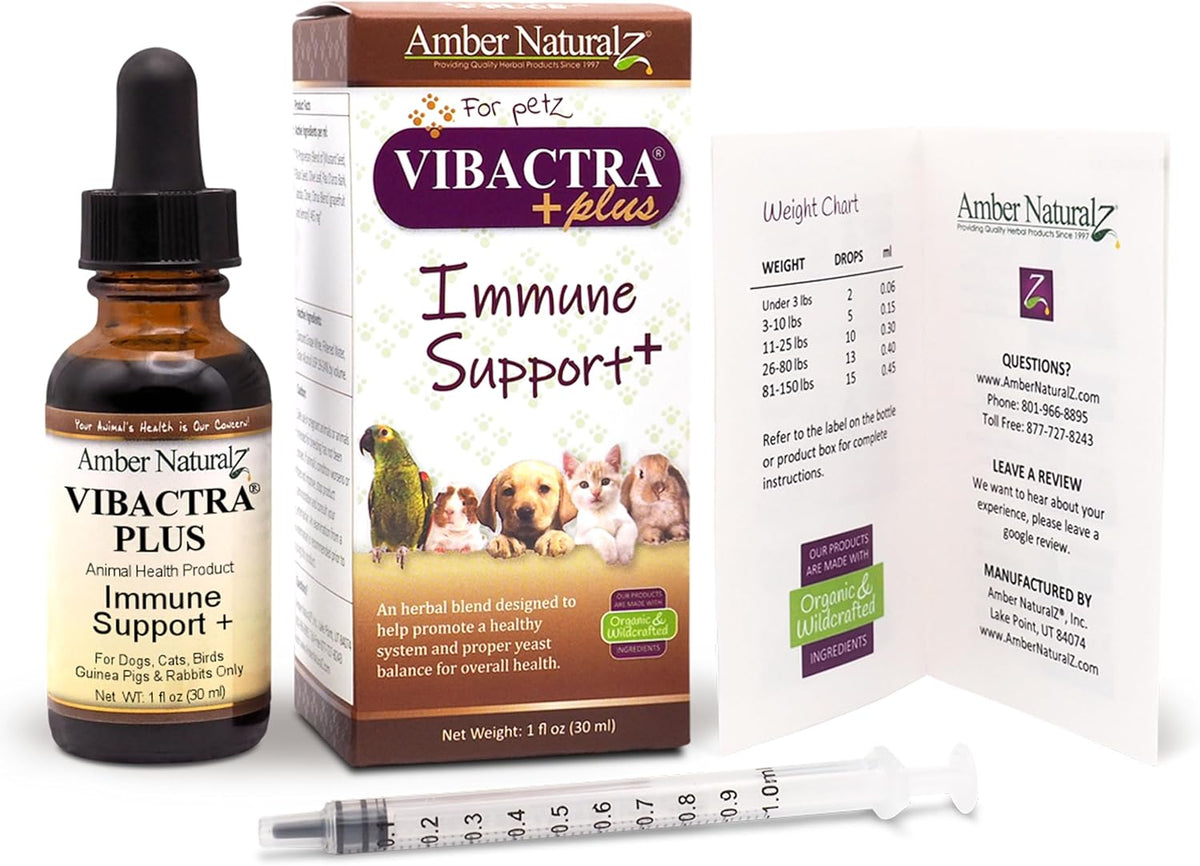 Side profile of Amber NaturalZ Vibactra Plus glass bottle with dropper