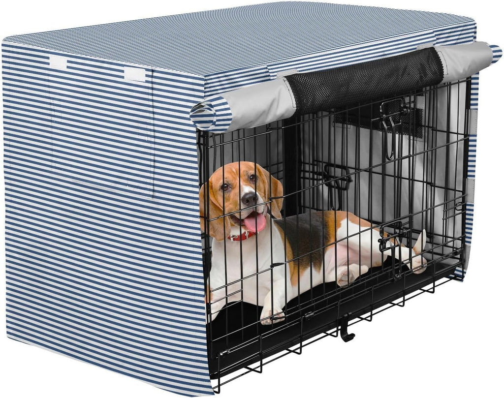 JUNZAN blue striped dog crate cover front view on a large wire pet cage.