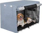 JUNZAN blue striped dog crate cover front view on a large wire pet cage.