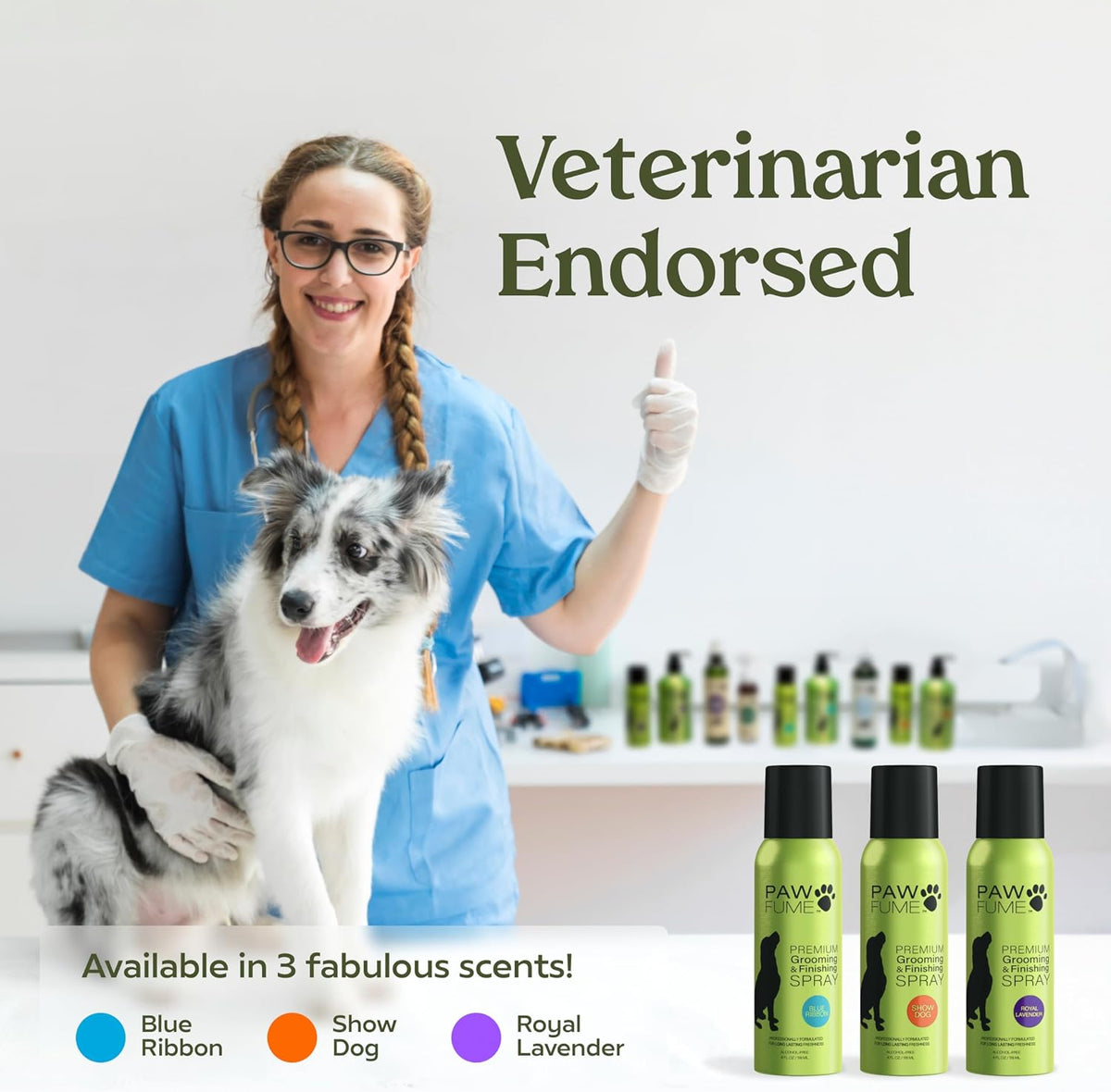 Paw Fume professional salon quality dog finishing spray bottle display