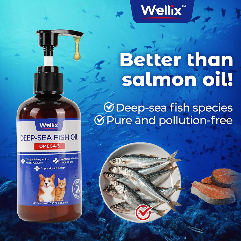 Wellix deep sea omega three dog supplement pour view