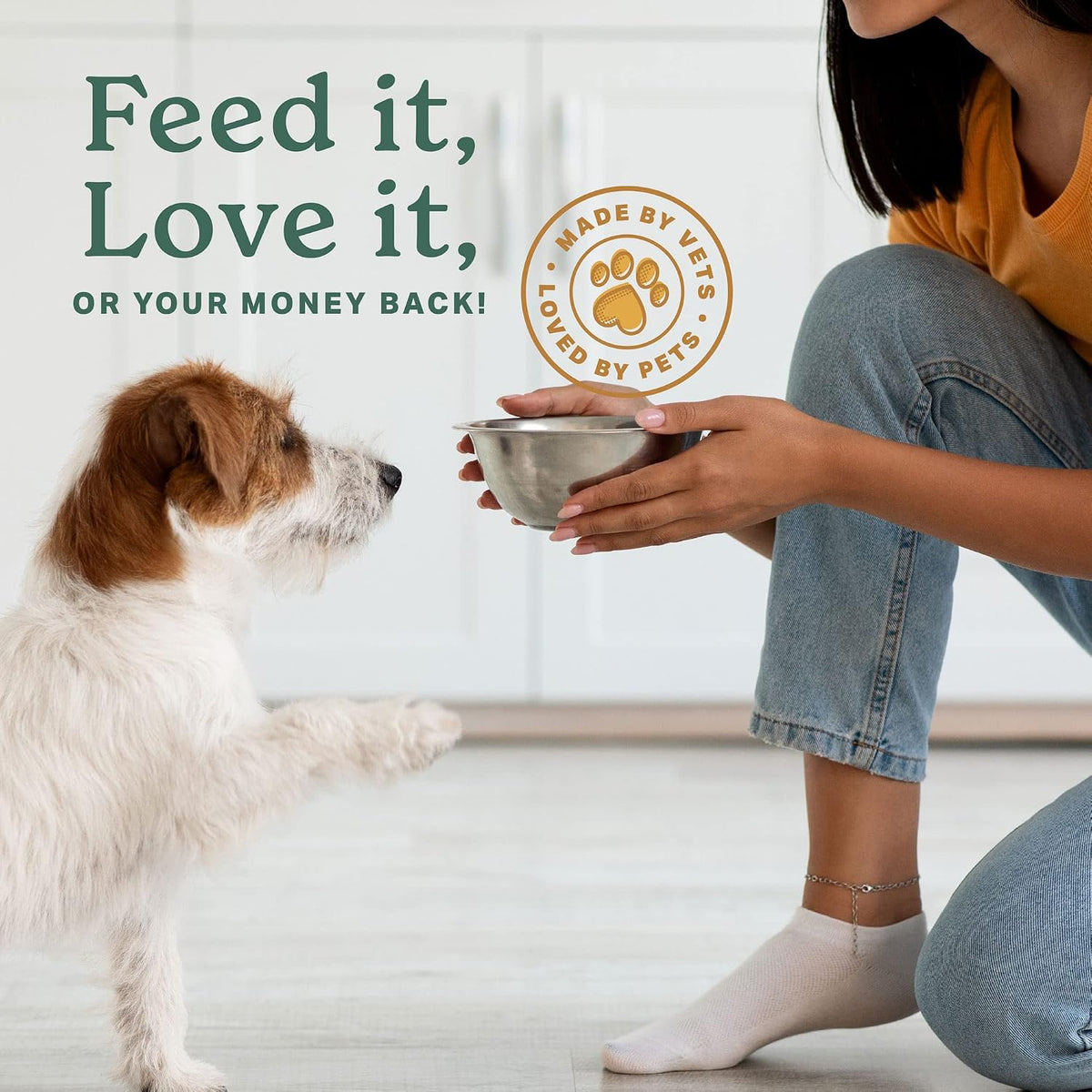 Adult dog enjoying food mixed with The Missing Link supplement
