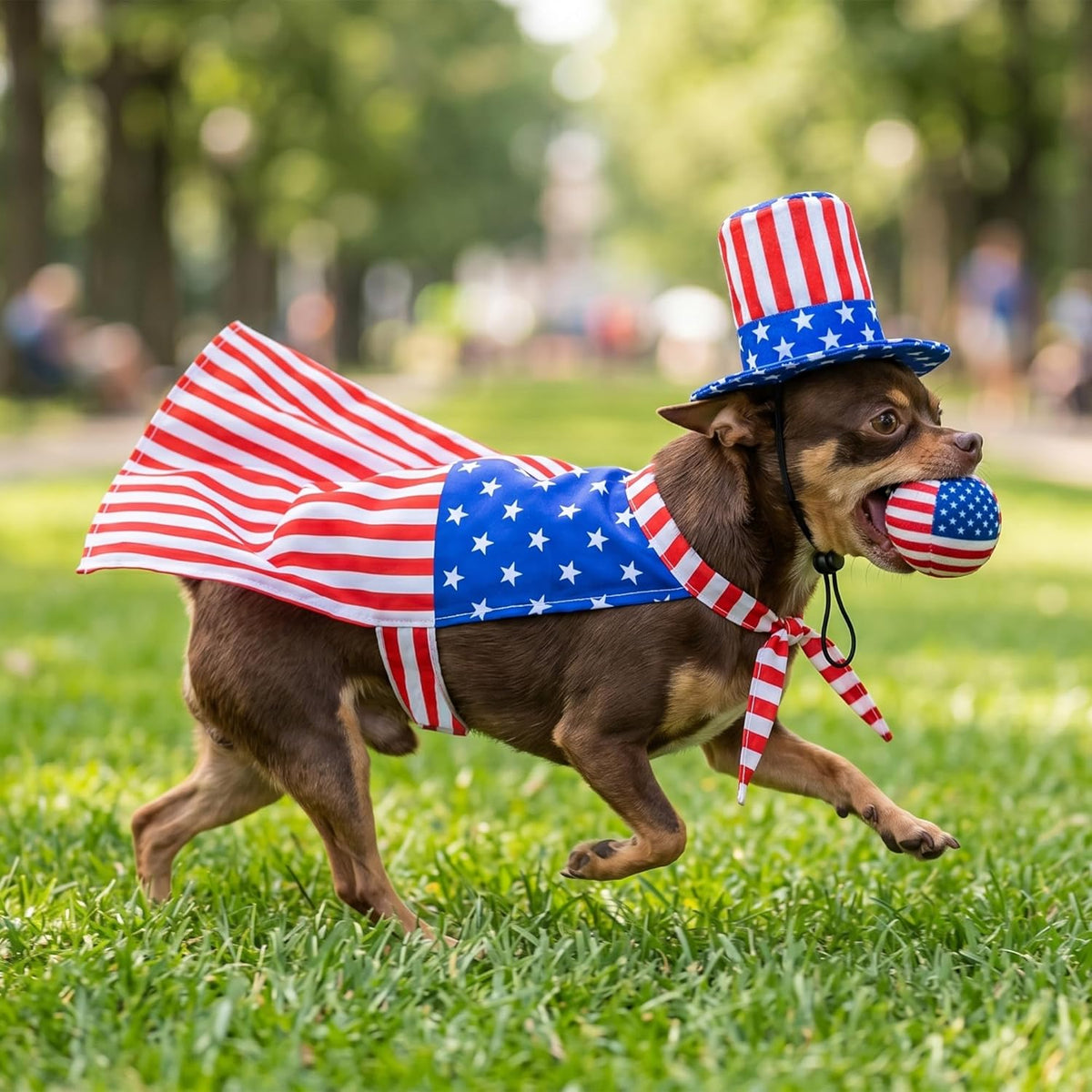 Vehomy pet patriotic stars and stripes cape back view on a retriever dog.
