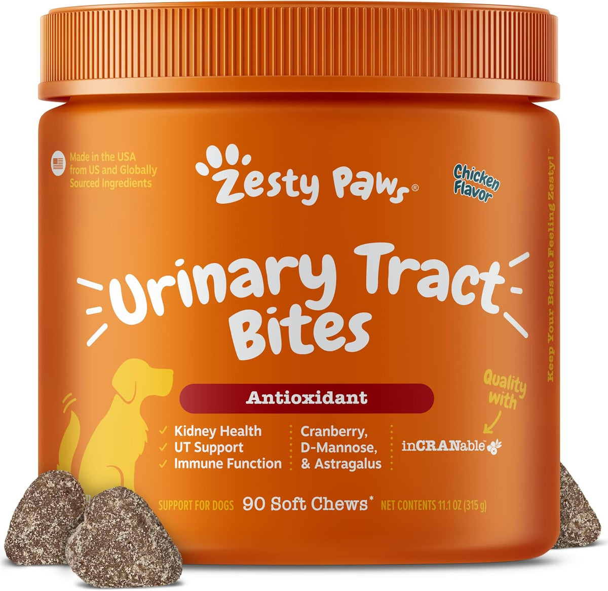 Zesty Paws cat health bites container showcasing premium inCRANable cranberry concentrate formulation.