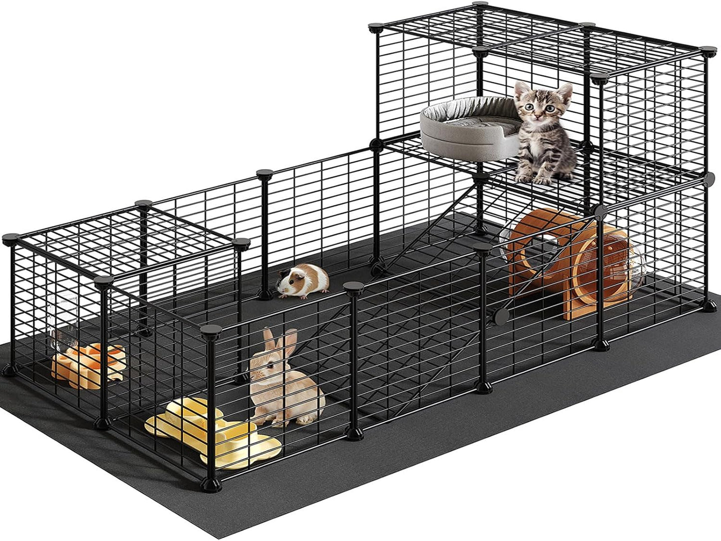 HOOBRO 24 Panels Guinea Pig Cage with Waterproof Mat and Ramp, 57" x 31.5" x 23.6" Loft Design Small Animal Playpen, Rabbit Cage, Bunny Cage, Pet Playpen, Indoor Outdoor Yard Fence, Black BK03PP03 - Image 1