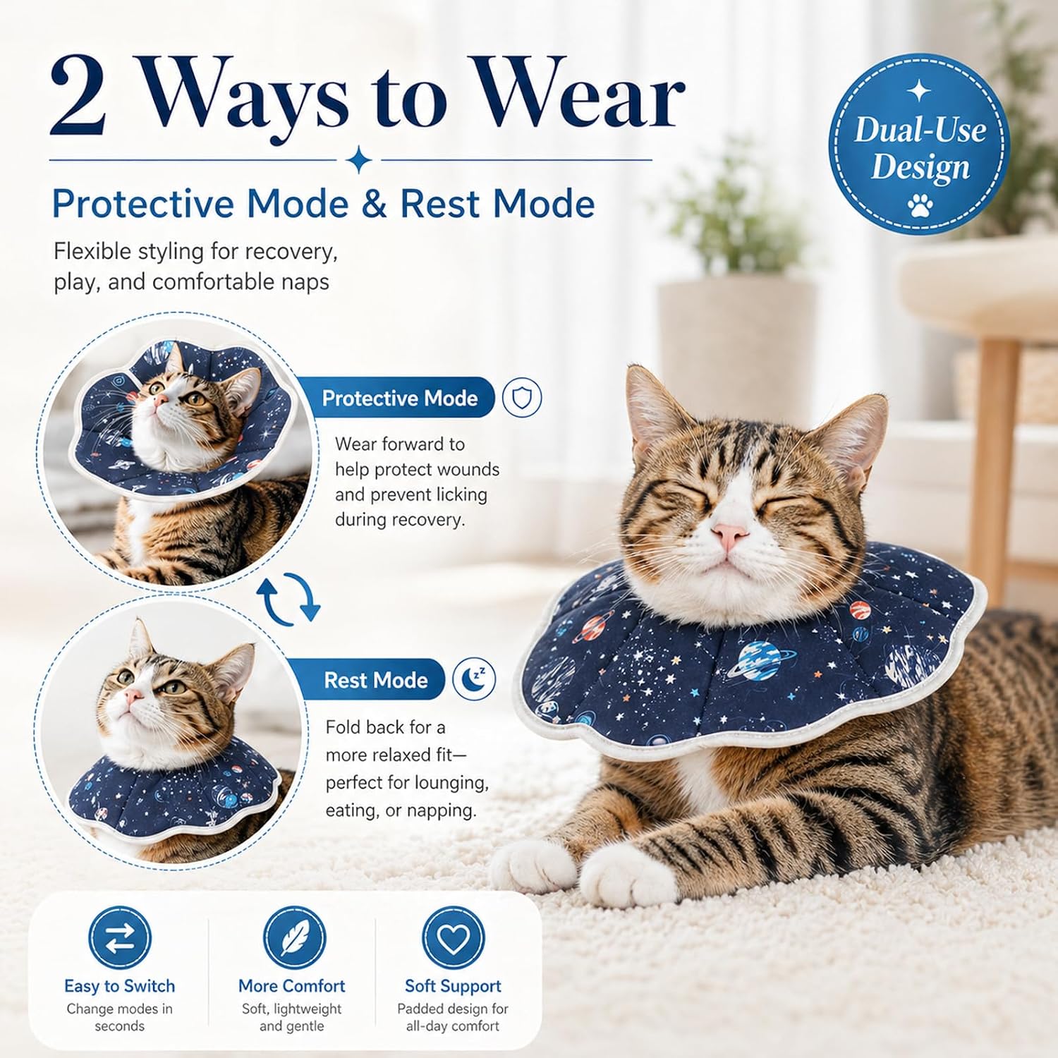 Small kitten sleeping comfortably wearing the Mechpia cushioned recovery cone.