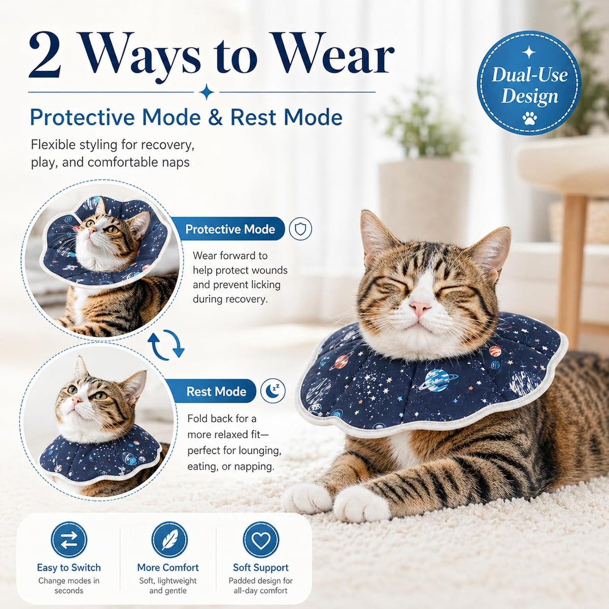 Small kitten sleeping comfortably wearing the Mechpia cushioned recovery cone.