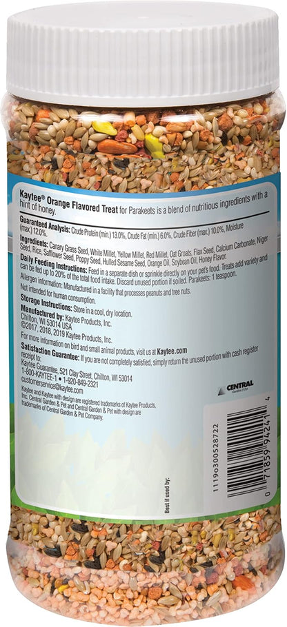 Kaytee 10 Ounce parakeet treat jar showing ingredient details