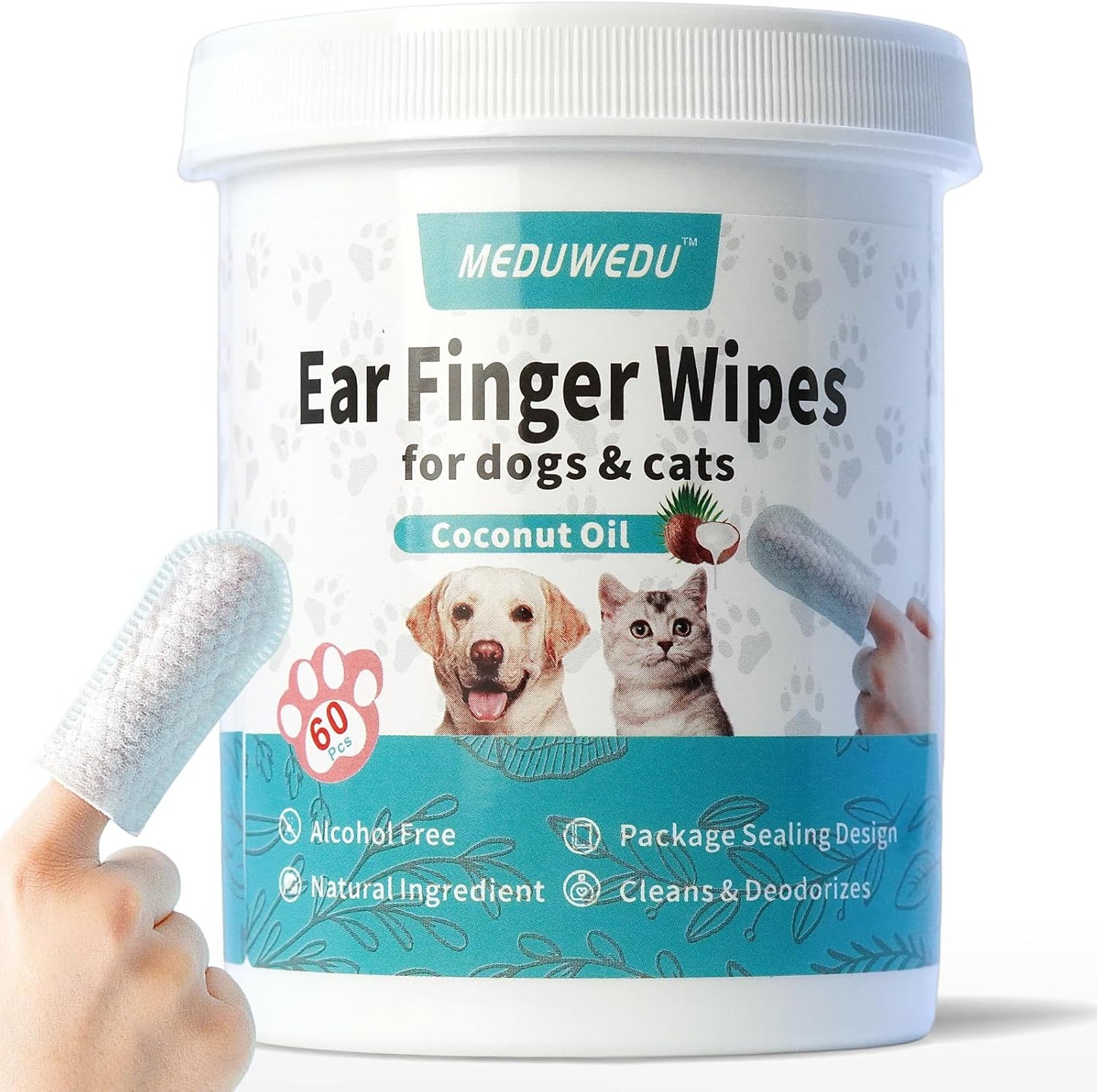 Meduwedu Ear Cleaner Finger Wipes 60 counts front packaging view