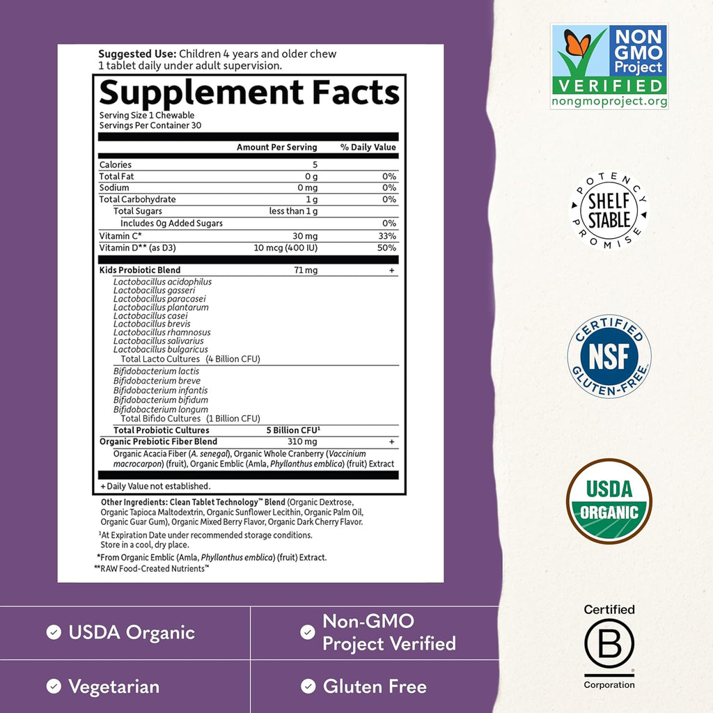 Garden of Life organic kids probiotics back label ingredients and nutrition facts