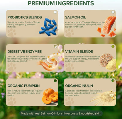 Premium USA imported pet supplement packaging highlighting immune and digestive health support for dogs.