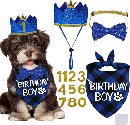 STMK dog birthday party supplies kit front view featuring blue plaid bandana and crown hat.