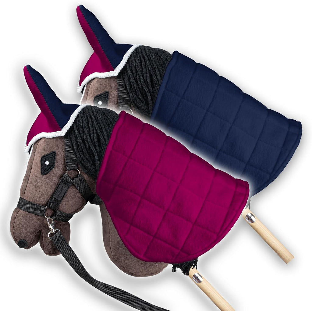 SKIPPI hobby horse blanket and hat set front view showing fuchsia fleece texture.