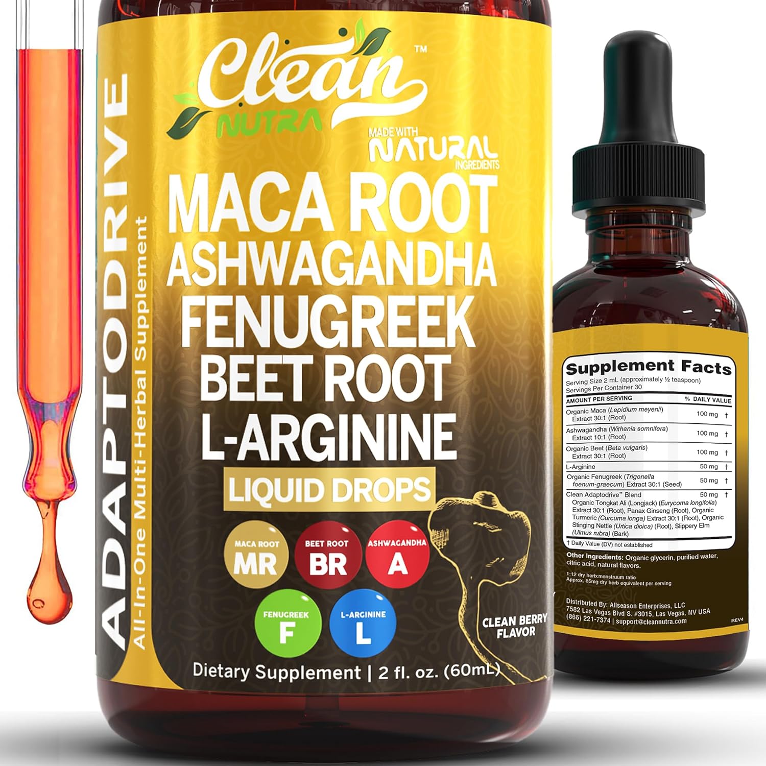Clean Nutraceuticals Adapto Drive liquid drops front bottle view for natural energy support