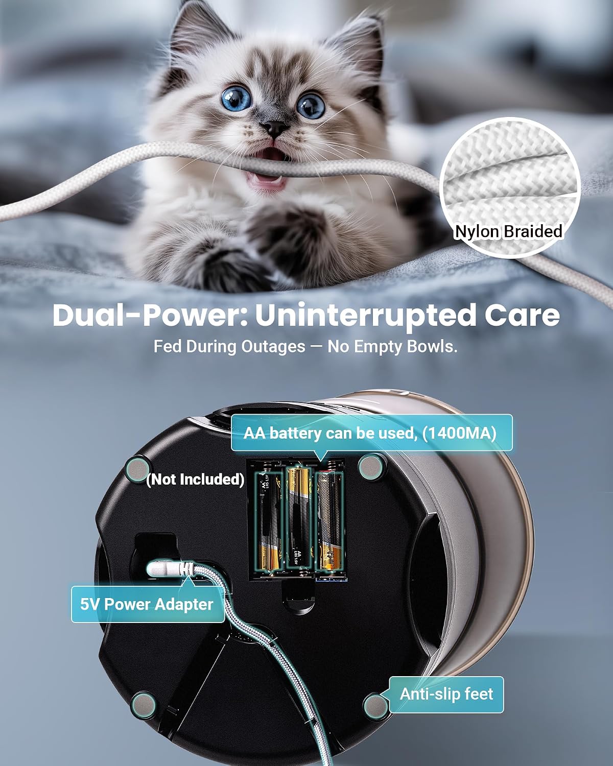 Vacqueen black automatic pet food dispenser with anti jam system mechanism