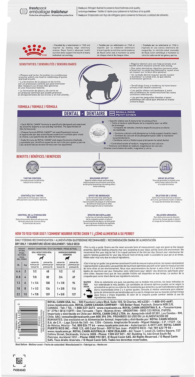 Authentic imported Royal Canin veterinary diet dental small breed dog food package details.
