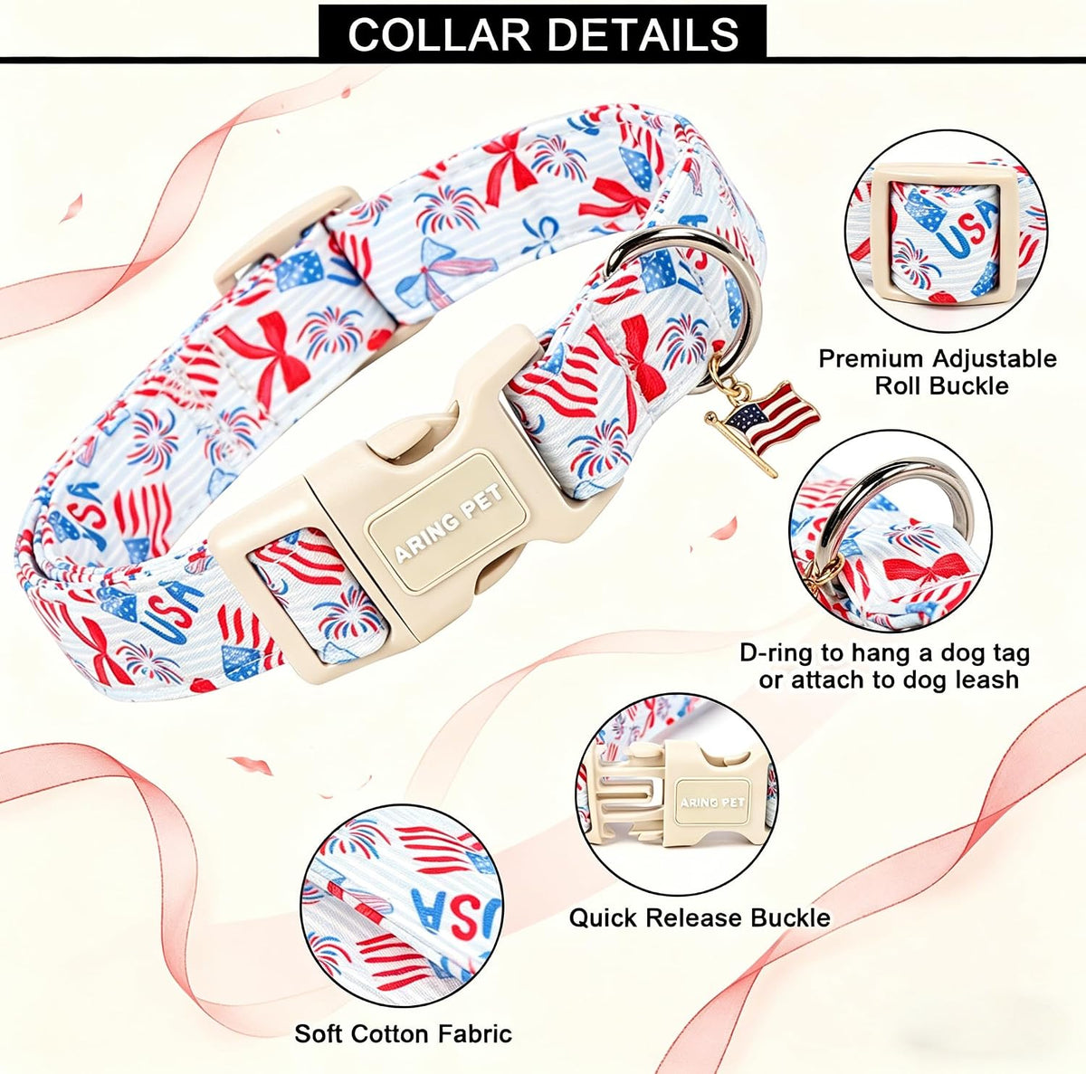 Adjustable slide buckle on Aring Pet patriotic dog collar.