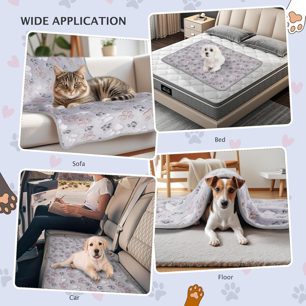 Six paw print puppy fleece blankets arranged neatly to show the full multipack quantity.