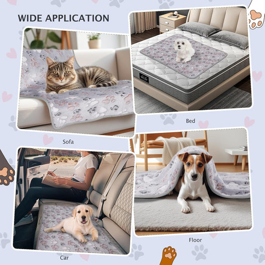 Six paw print puppy fleece blankets arranged neatly to show the full multipack quantity.