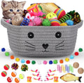 Zopeal 58 piece cat toy storage basket set front view showing grey woven cotton rope basket with cat face design
