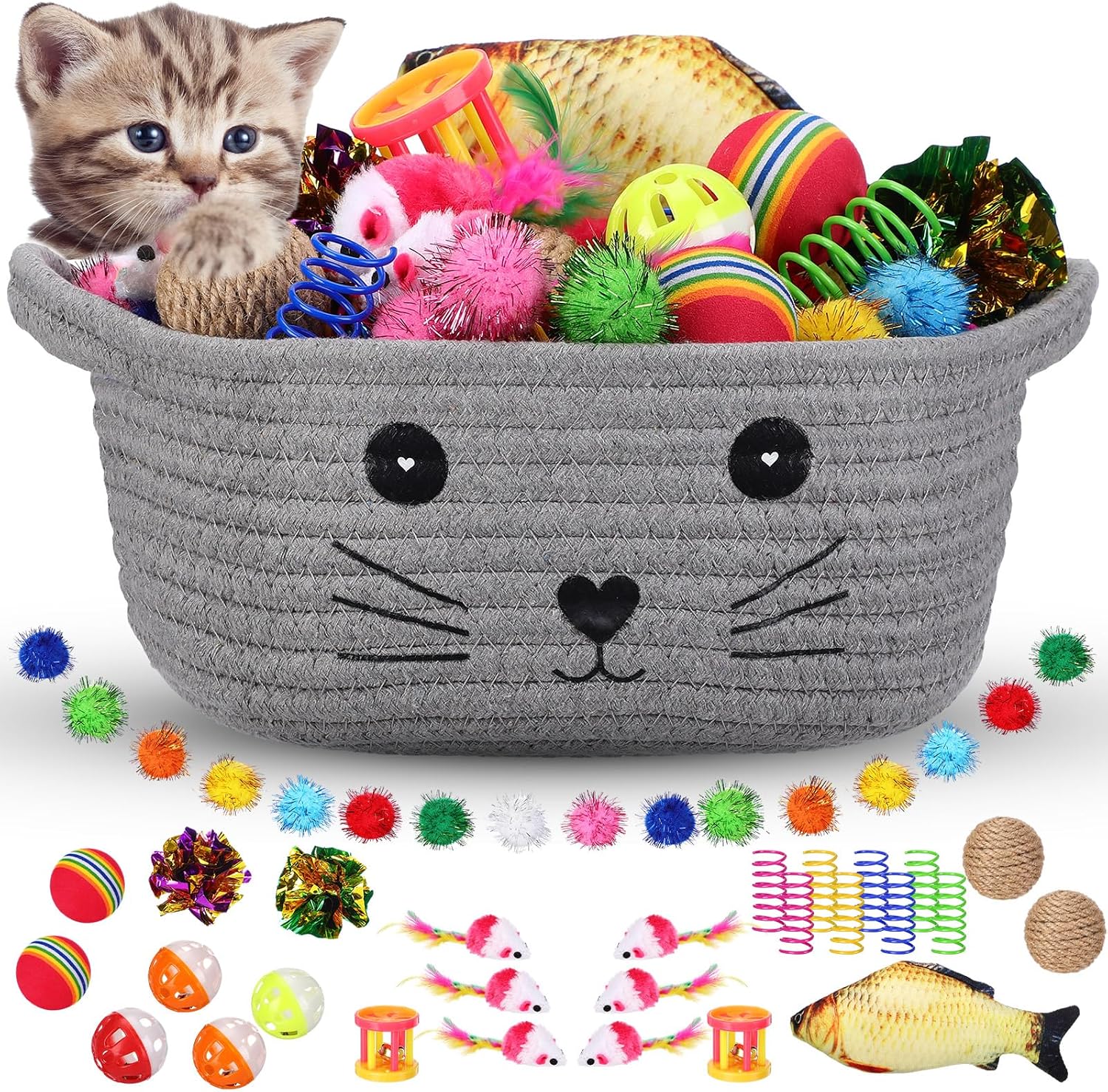 Zopeal 58 piece cat toy storage basket set front view showing grey woven cotton rope basket with cat face design