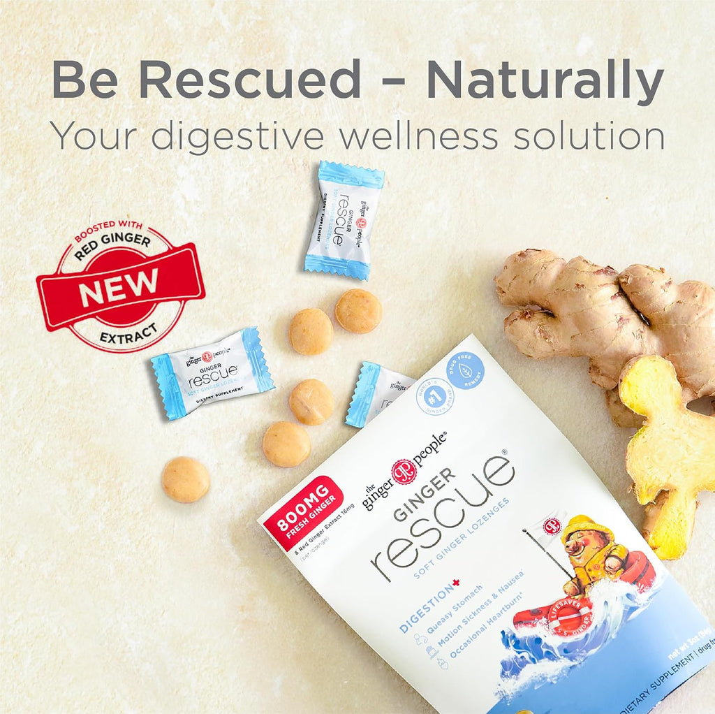 Individually wrapped ginger rescue soft lozenges laid out flat