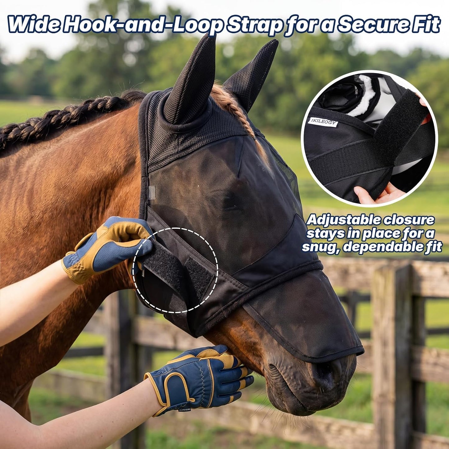 Front view of horse wearing Sagud fly mask for outdoor turnout