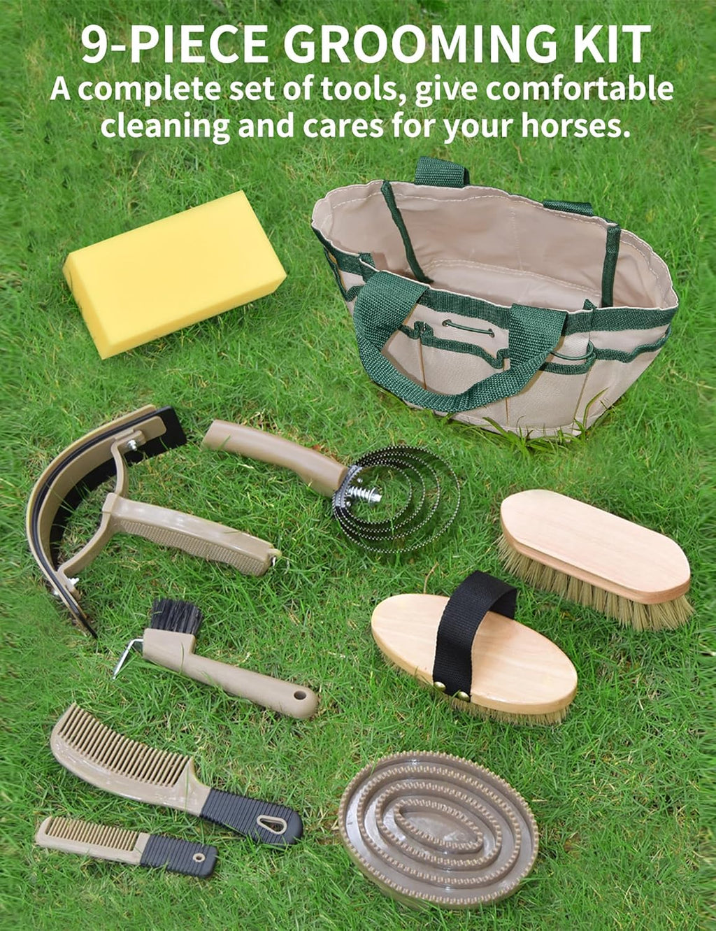 Close up of horse grooming tools including mane comb and scraper