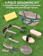 Close up of horse grooming tools including mane comb and scraper