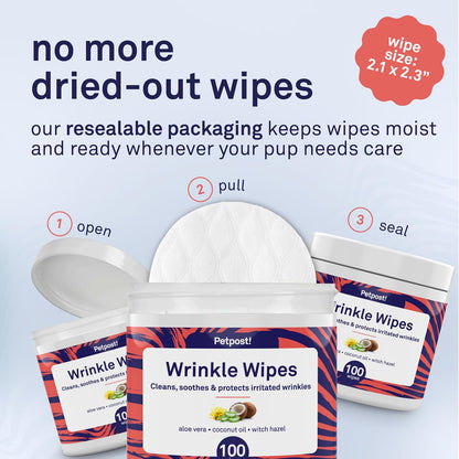 Back label of Petpost wrinkle wipes with usage instructions