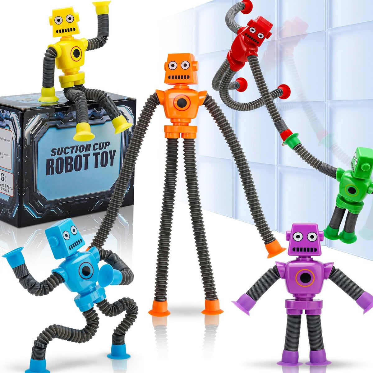 UrChoice pop tube robot suction cup toys front view of six colorful sensory fidget figures