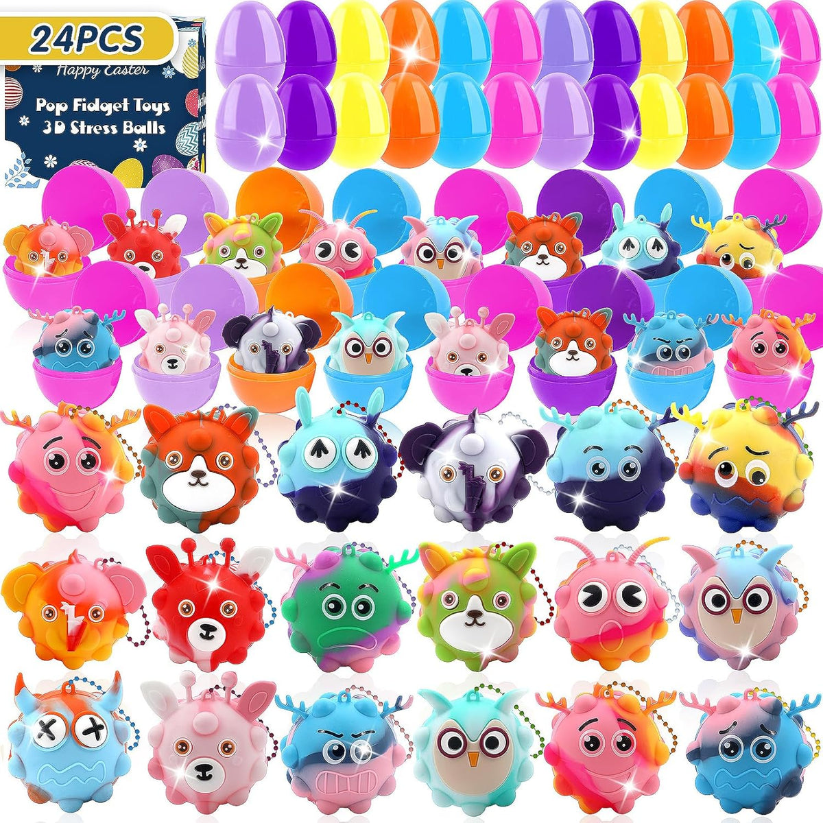 Supovil prefilled easter eggs with 3D animal pop fidget toys front view display