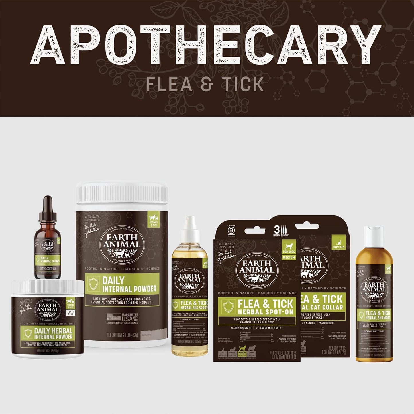 Side view of Earth Animal natural flea repellent packaging highlighting the B Corporation certified logo