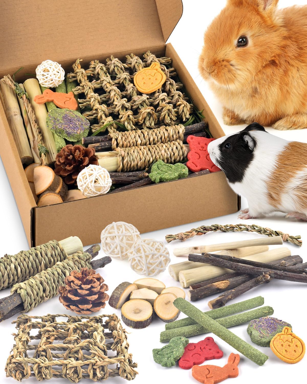 Bissap rabbit chew toy natural bunny treats box front view with timothy hay cakes