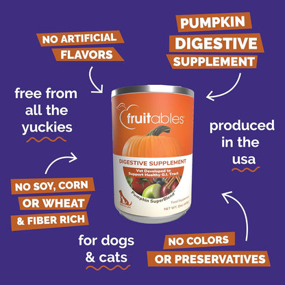 Dog eating food topped with Fruitables Pumpkin Digestive Supplement