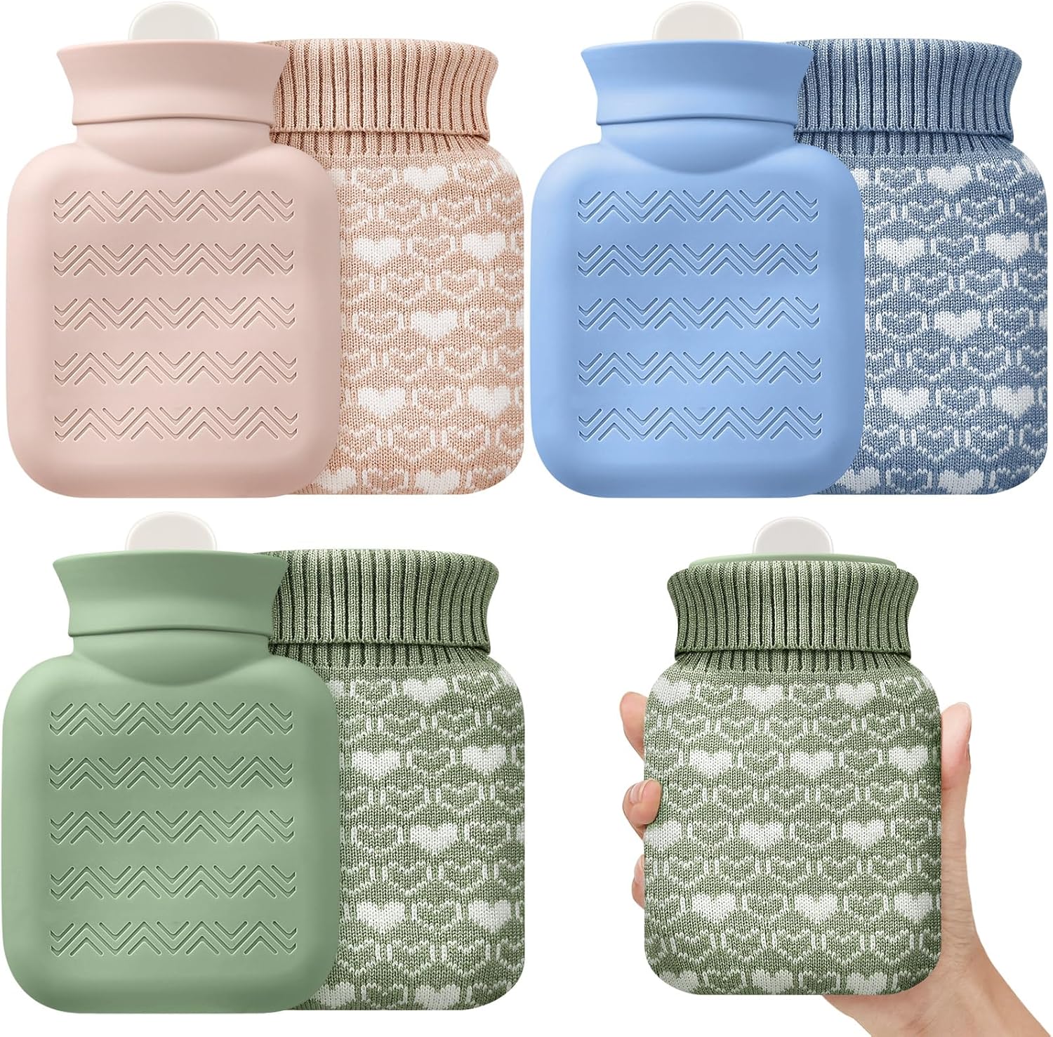 Amylove mini hot water bottle 3-pack front view showcasing beige green and blue colors with patterned knitted covers for targeted pain relief.