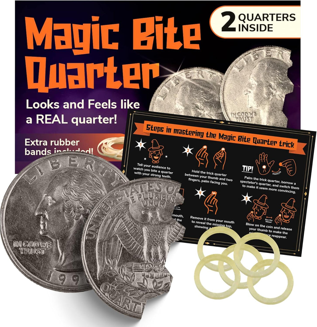Magnus Magic hinged bite quarter trick coins front view