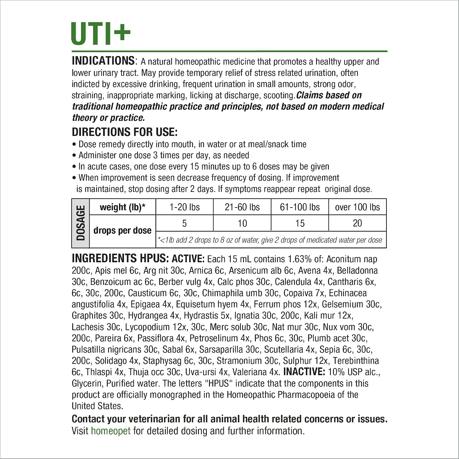 Instructions and label details for HomeoPet UTI+ supplement