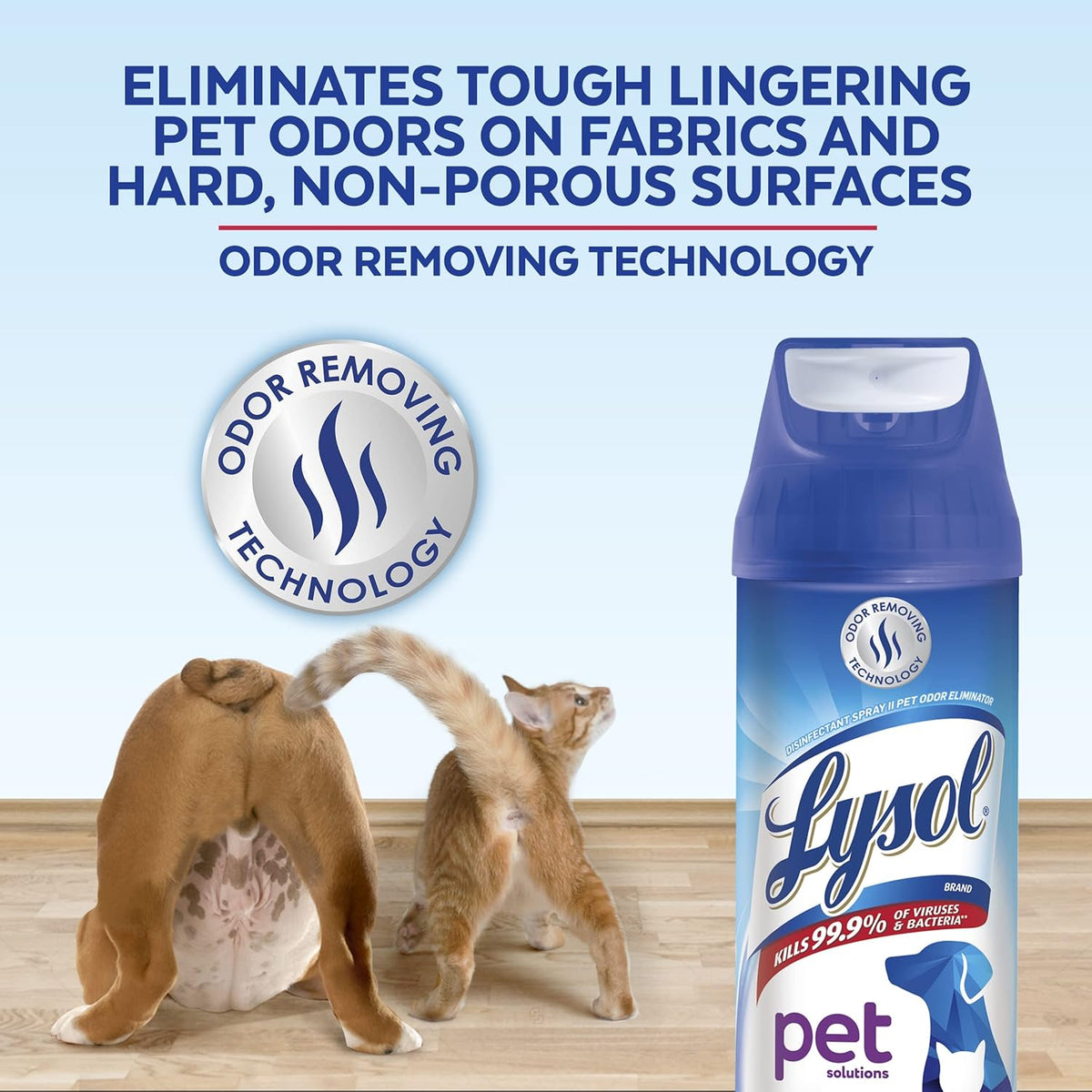 Three pack Lysol Pet Solutions disinfectant spray packaging