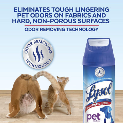 Three pack Lysol Pet Solutions disinfectant spray packaging