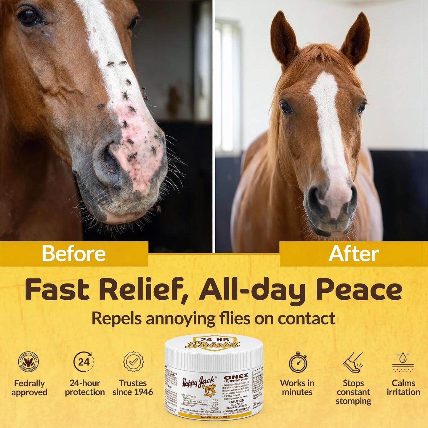 Happy Jack Onex fly repellent ointment packaging highlighting the active ingredients list.