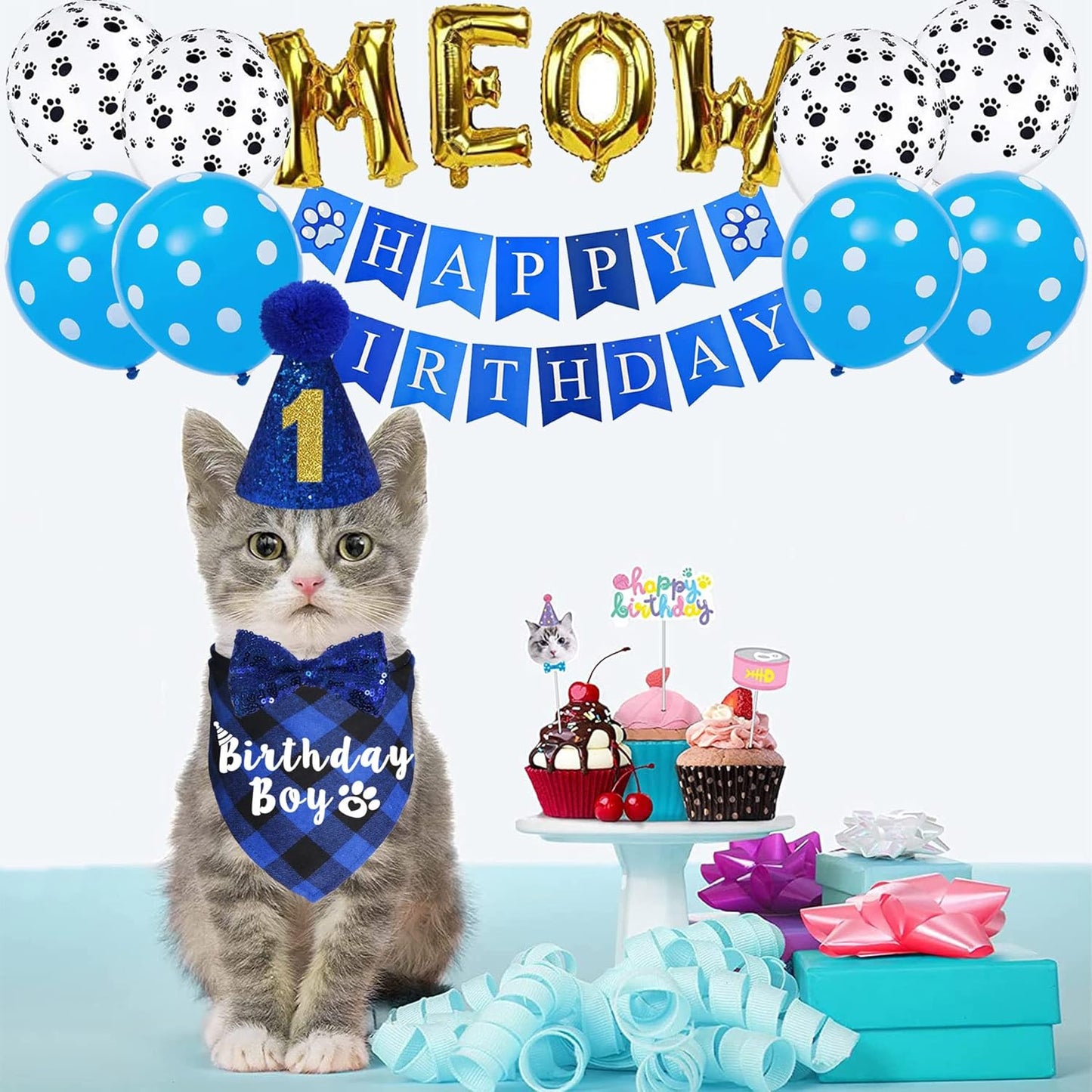 Blue buffalo plaid cat birthday bandana and bow tie