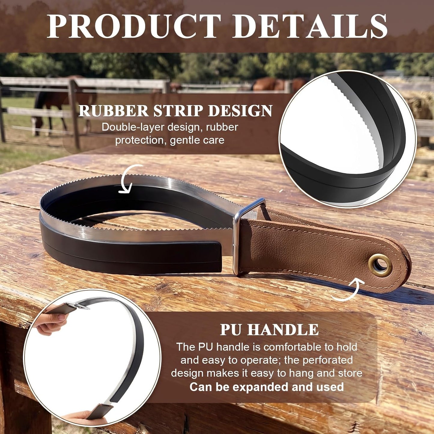 Sosoport equine grooming tool with rubber edge