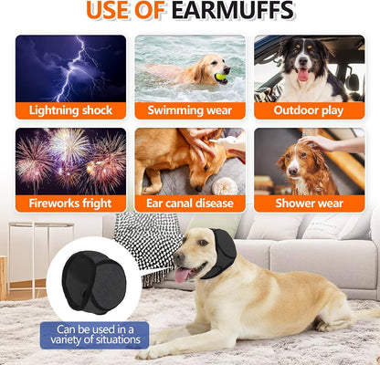 Side view of pet wearing comfortable noise cancelling ear wrap