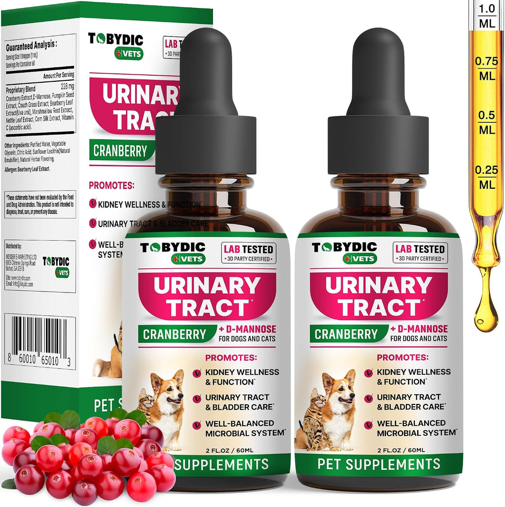 Tobydic 60ml pet urinary tract support supplement liquid bottle close up view.