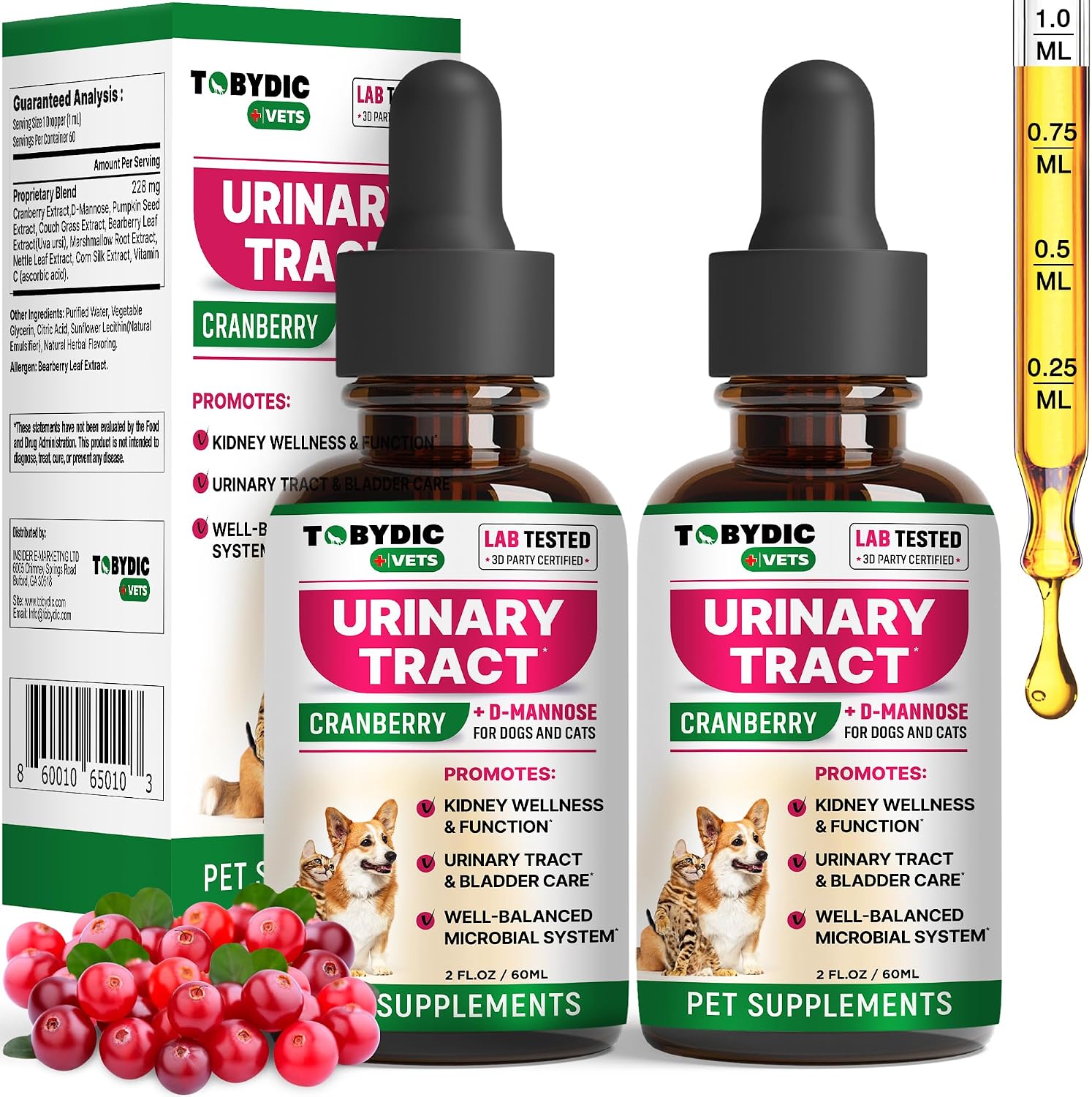 Tobydic 60ml pet urinary tract support supplement liquid bottle close up view.