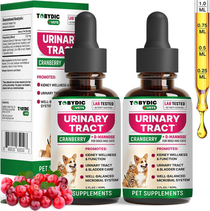 Tobydic 60ml pet urinary tract support supplement liquid bottle close up view.