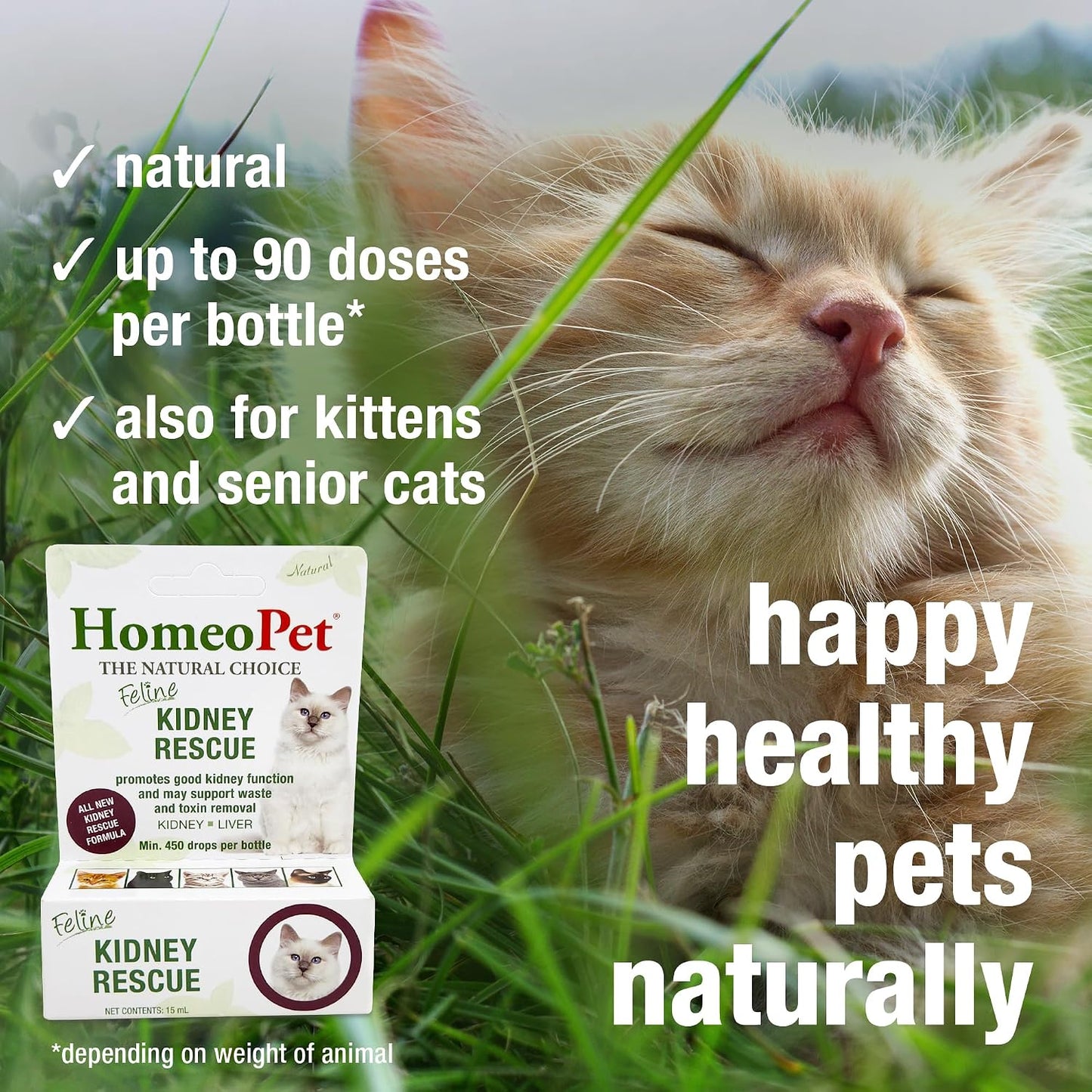 HomeoPet Feline Kidney Rescue packaging showing dosage instructions and ingredients